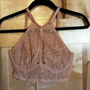 Victoria's Secret Very Sexy Unlined Plunge Bra 34D Blush Pink High Neck Lace